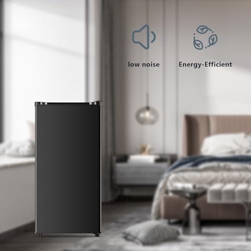 Seaoola Mini Fridge with Freezer, Single Door 3.1 Cu.Ft, Compact Mini Refrigerator, LED Light, Adjustable Thermostat, Removable Glass Shelves