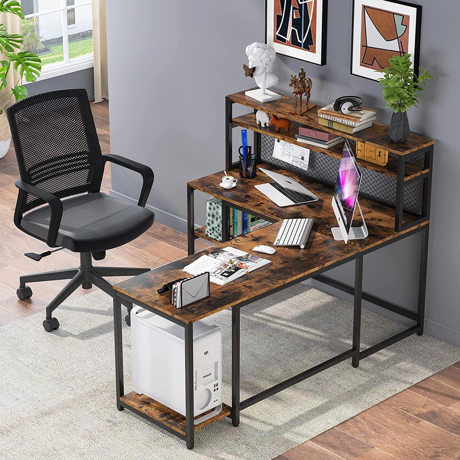 Tribesigns 67" Computer Desk with Hutch Rustic Brown Office Desk Home Study Table with Shelves