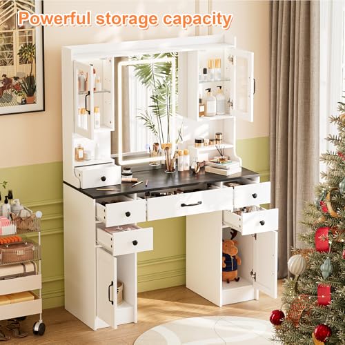 NUNU LAB 42 Inchs Large Vanity Desk with Mirror and Lights with 6 Drawers and 4 Cabinets, Big Women Makeup Table with Power Outlet