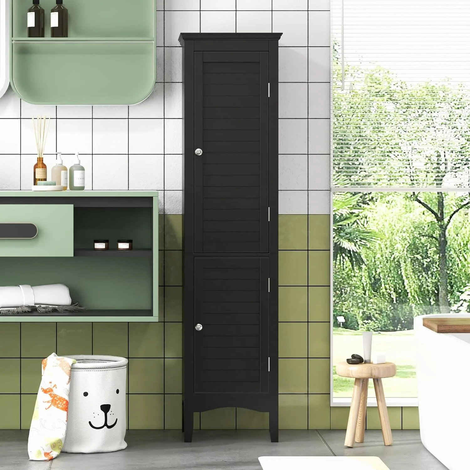 Bathroom Tall Storage Cabinet - Narrow Freestanding Floor Cabinet with Doors, 5 Tier Shelves(1 Height Adjustable)