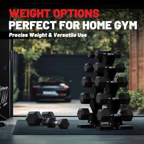 PAPABABE Hex Dumbbell Sets with Rack, 60-550lb Rubber Coated Dumbbell Weight Set and Storage Rack, Multiple Options Hand Weights for Strength Training