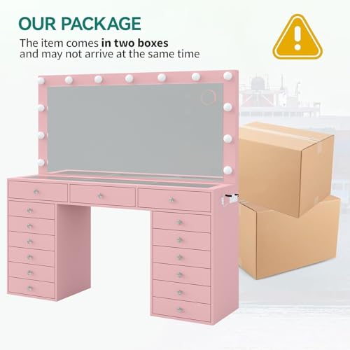 55" W Vanity Desk, Makeup Vanity with Charging Station, 15 Drawers with Lighted Mirror, 3 Lighting Modes, Brightness Adjustable, Glass Top