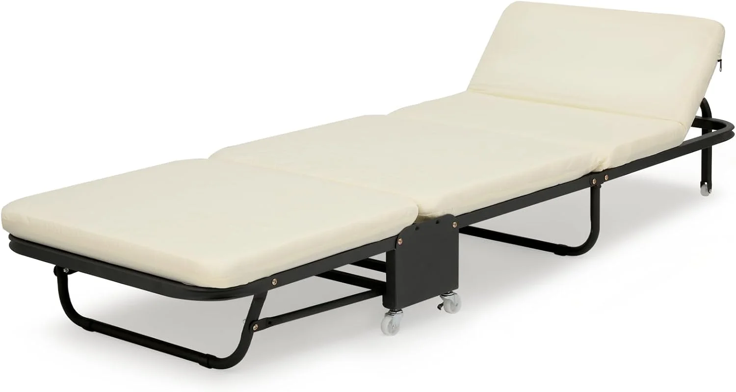 Folding Bed With Mattress, Rollaway Day Bed Cot Size For Adults W/Adjustable 6 Position, Portable Foldable Guest Bed For Home