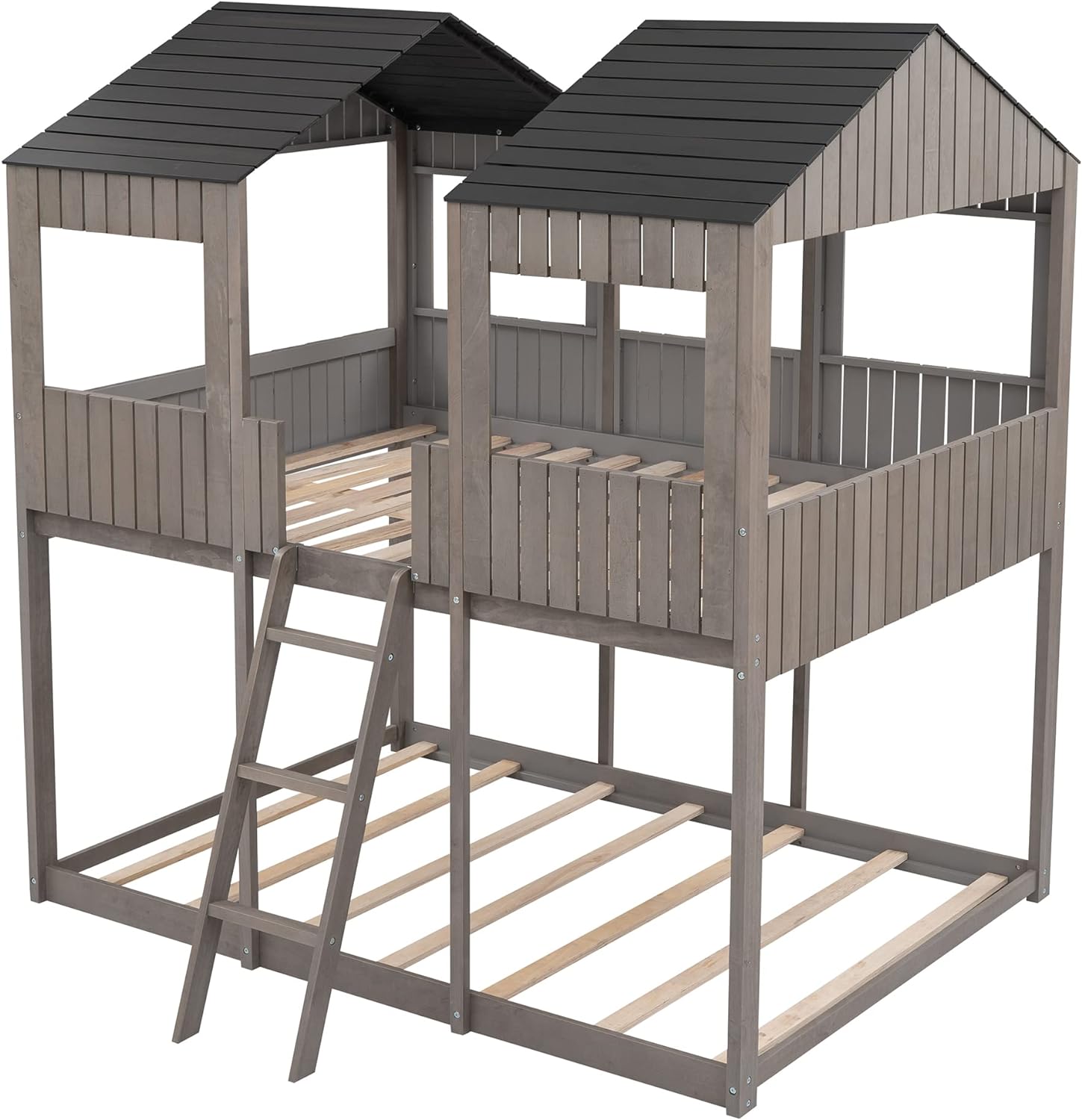 House Bunk Bed Full Over Full Size, Wooden House Bunk Beds Frame With Roof And Guard Rail, Floor Bunk Bed Frame For Kids, Teens