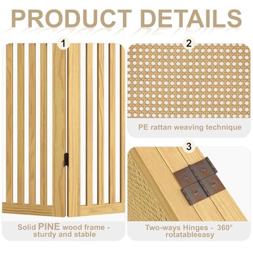 Room Divider and Folding Privacy Screens, Pine Wood 5.6 Ft Double Hinged Rattan Partition Freestanding Wall Room Divider for Home - 3 Panels