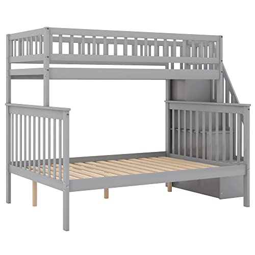 Harper & Bright Designs Bunk Beds Twin Over Full Size, Bunk Bed with Trundle,Storage Shelf and Stairway