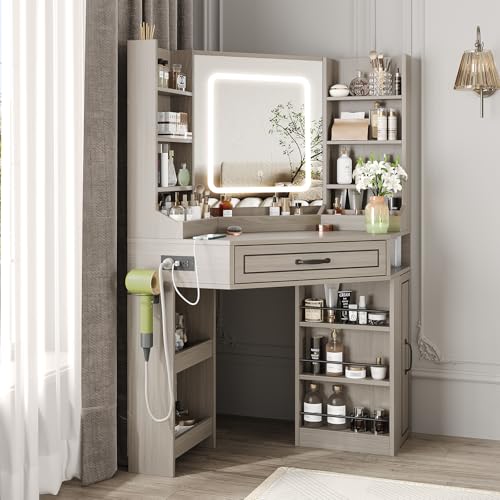 Makeup Vanity Desk, Corner Vanity Desk with HD LED Mirror, Lots Storage Shelves, 2 Drawers & Cabinets, Vanity with Charging Station