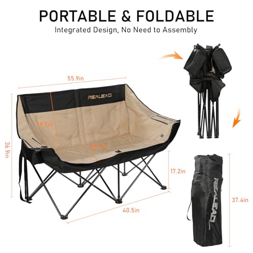 REALEAD Heated Double Camping Chair, 3 Heat Levels and 4 Heating Zones, Portable Heated Loveseat Chair for Outdoor Sports Support 650lbs