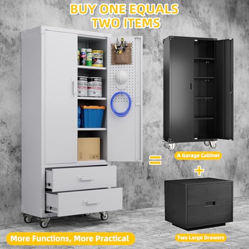 Aobabo 71" H×32" W×16" D Metal Storage Cabinet with Wheels, Garage Steel Storage Cabinet with 5 Adjustable Shelves and 4 Hooks for Home Office