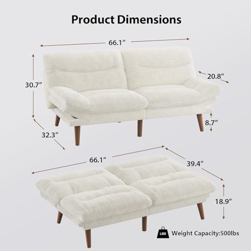 Pipishell Convertible Futon Sofa Bed,66" Corduroy Futon Couch with Adjustable Backrest and Armrests, Recliner Sleeper Sofa for Small Spaces