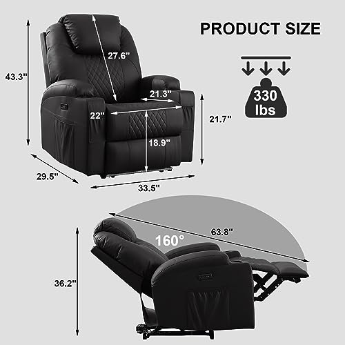 Power Recliner Chair with Heat and Massage, PU Leather Home Theater Seating w/LED Lights/Cup Holders/Side Pocket/USB Port