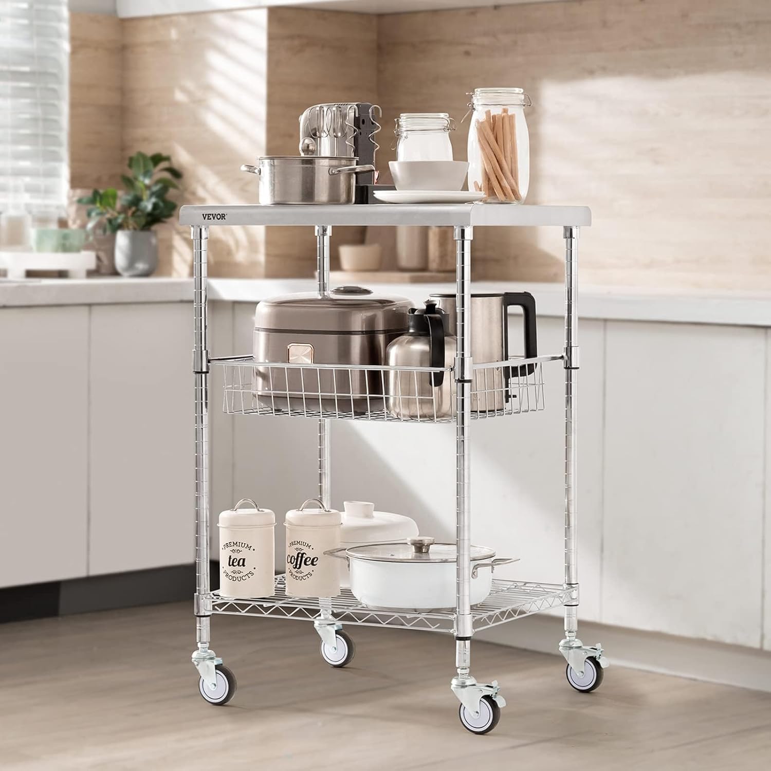 VEVOR Kitchen Utility Cart, 20"x24"x36.6" 3 Tiers Wire Rolling Cart, 470LBS Capacity Steel Service Cart with Brake Wheels