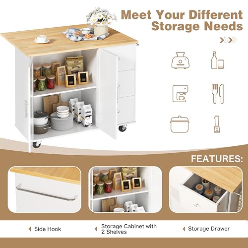 Shintenchi Rolling Kitchen Island Cart with Folding Drop Leaf Breakfast Bar, Portable Trolley Island with Large Storage Cabinet, Shelf and Drawer