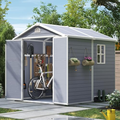 Aoxun Outdoor Storage Shed 5 x 3FT, Resin Shed with Floor and Lockable Door, Plastic Sheds for Garbage Can, Tool, Accessories, Lawn, Garden - Grey