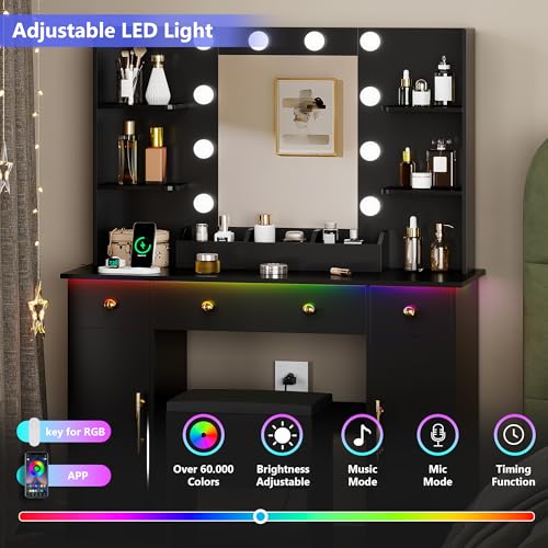 Vanity Desk with Mirror and Lights, Makeup Vanity with Charging Station & Vanity Stool