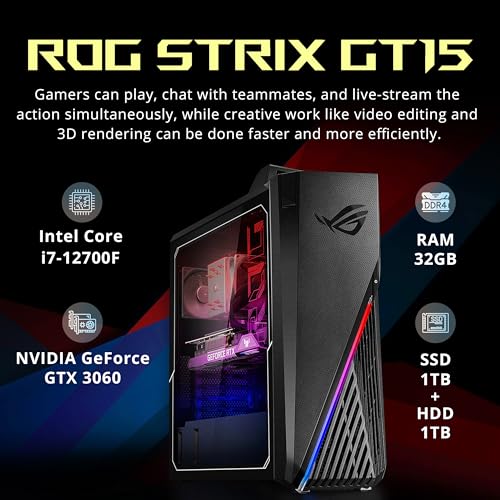 Asus 2022 ROG Gaming Desktop, Intel Core i7-12700F Processor, 32GB DDR4 RAM, 1TB PCIe SSD + 1TB HDD, NVIDIA GeForce RTX 3060 12G, Win 11 Pro, Black