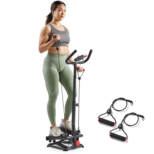 Sunny Health & Fitness Total Body 2-in-1 Smart Stepper Machine for Home with Handlebar and Resistance Bands, Total Body Workout, Adjustable Hydraulic