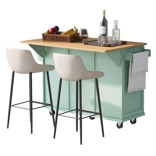 Rolling Kitchen Island with Drop Leaf & Power Outlet, Large Kitchen Islands Cart on Wheels