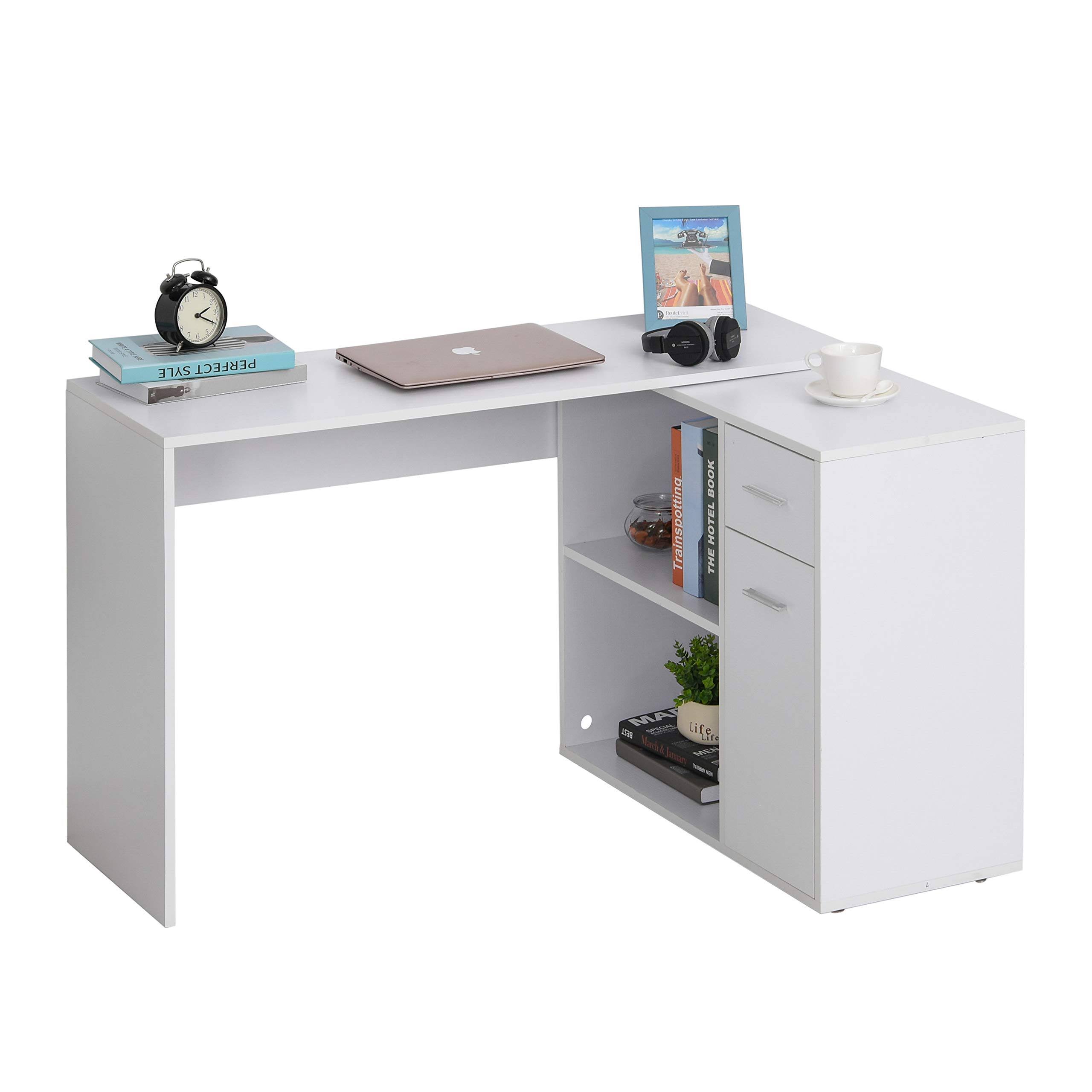 Homcom L Shaped Computer Desk Workstation with Storage Shelves and Cabinet for Home u0026 Office - White