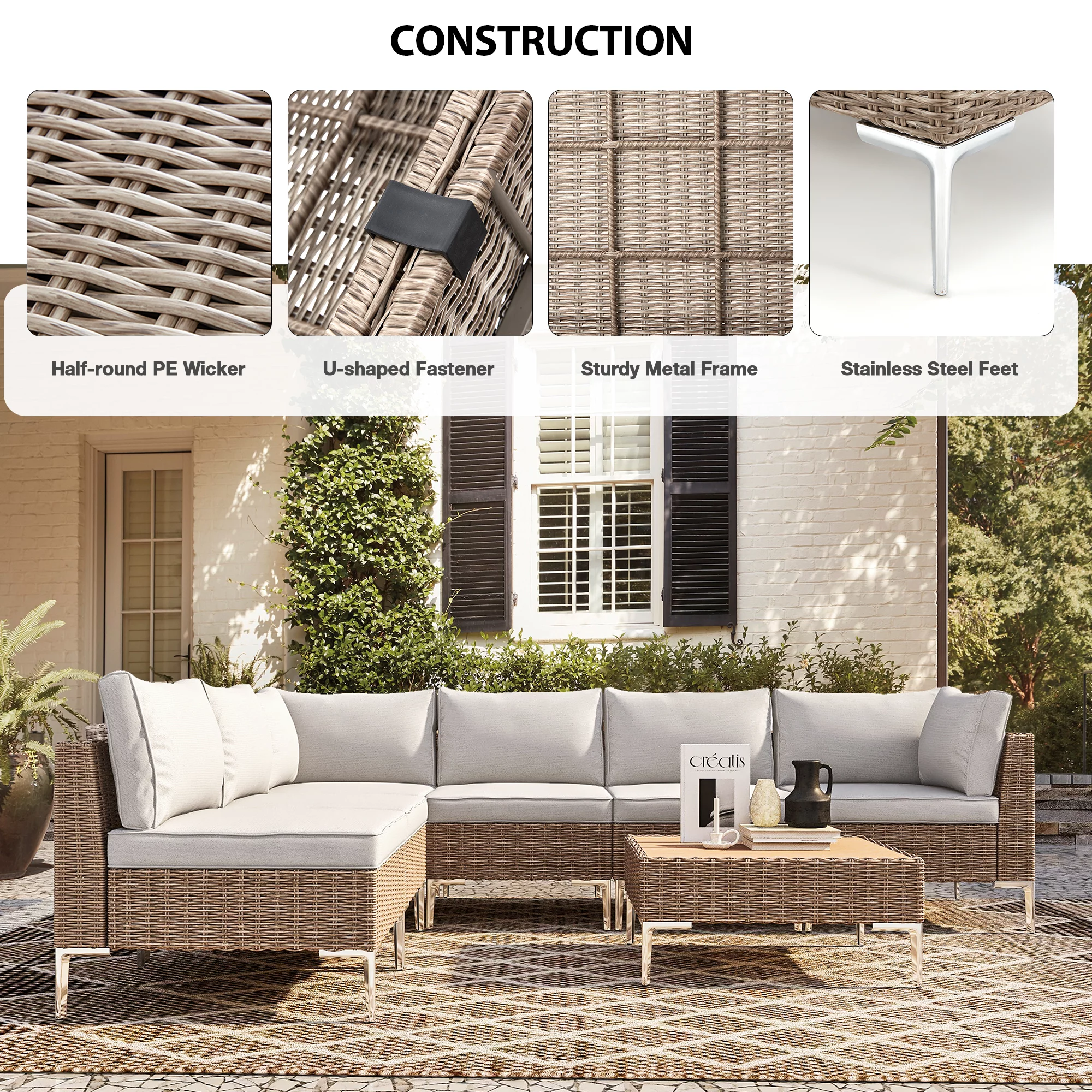 Homrest 7 Piece Patio Furniture Set Outdoor Sectional Sofa Conversation Set Half-Round Rattan Wicker Outdoor Furniture Set with Soft Cushion for