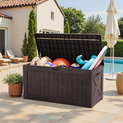 Greesum 120 Gallon Outdoor Storage Box with Lock - Large Resin Deck Box, Reinforced Lid for Garden, Patio, Lawn, Black