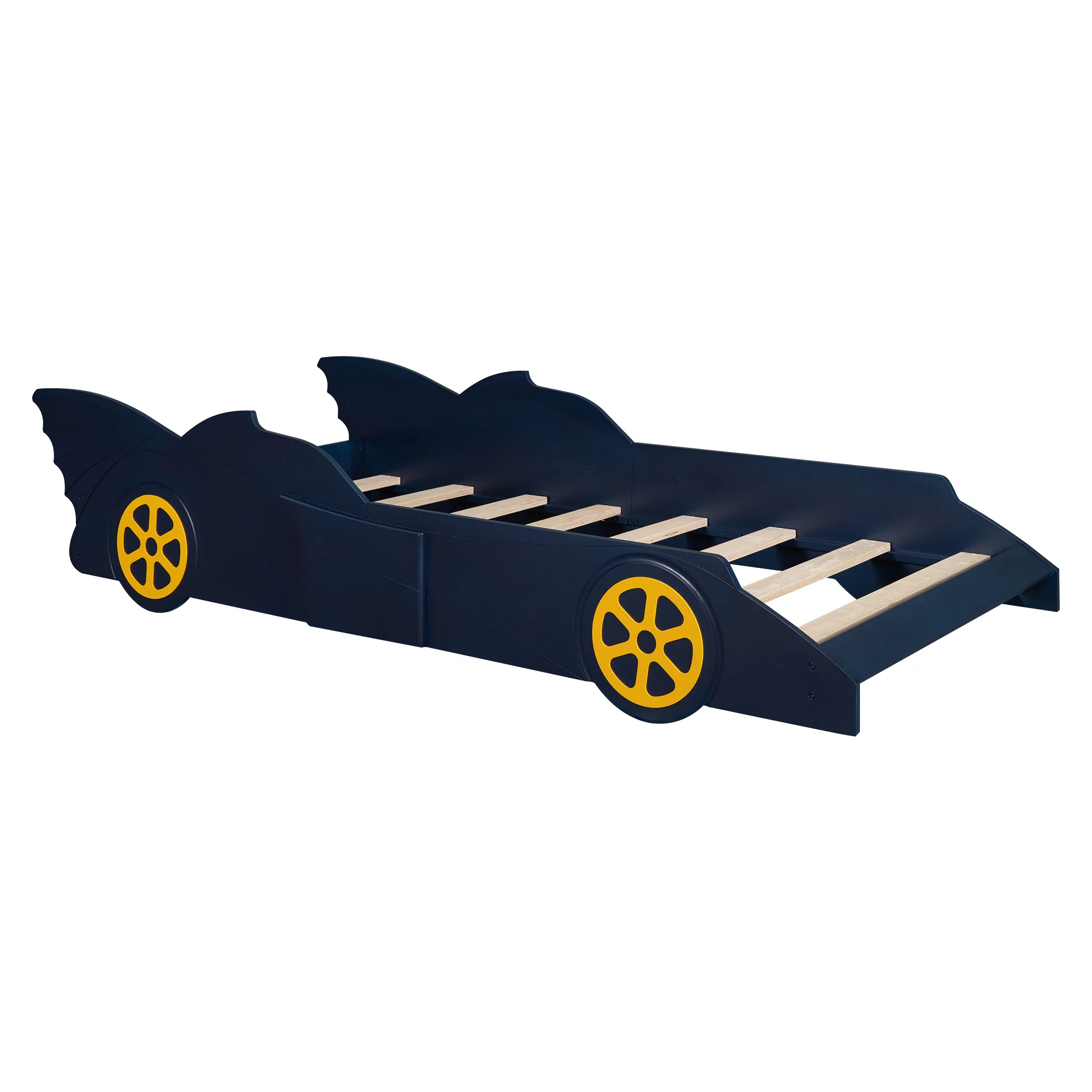 iRerts Race Car Shaped Twin Bed Frame, Wood Twin Platform Bed Frame for Kids Toddlers, Children Twin Size Platform Bed with Wheels, Wooden Slats