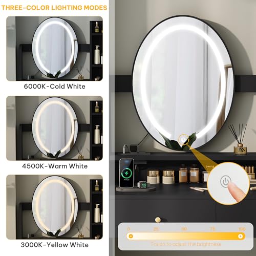 DWVO Vanity Desk with Mirror and Lights, Makeup Vanity Table Set with Power Outlets and Chair, 3 Lighting Colors