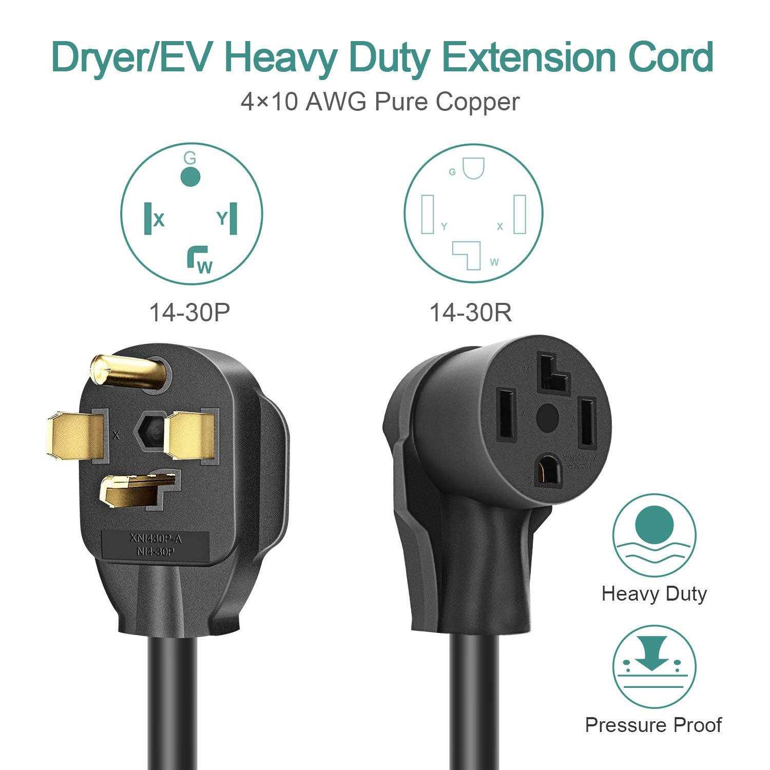 Rophor Dryer Extension Cord 4 Prong, 30 Amp NEMA 14-30P to 14-30R Extension Cord for Dryer Power Extension and EV Charging