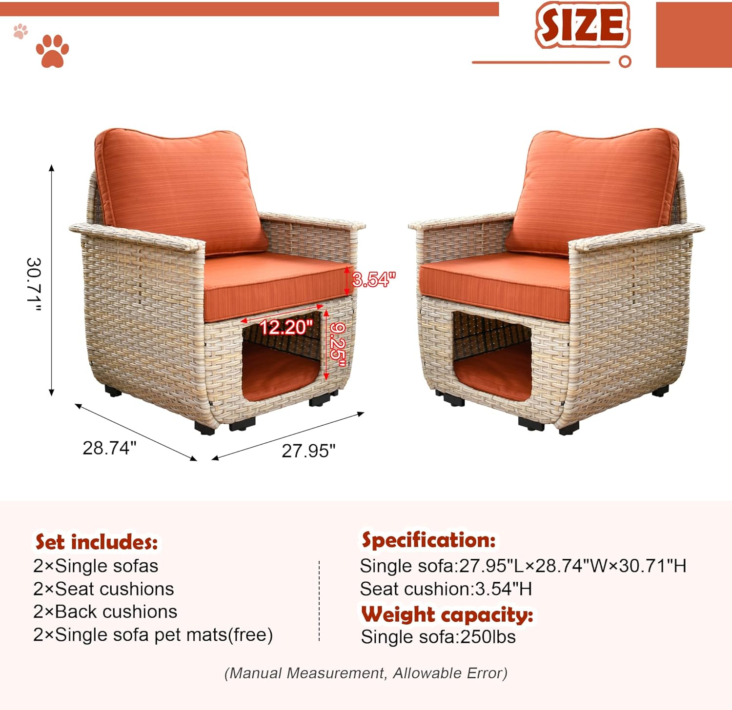 ovios Patio Chair Set Outdoor Furniture Conversation Sets with Pet House Wicker Rattan Sofa Patio Bistro Set High Back Chairs for Porch Deck Backyard