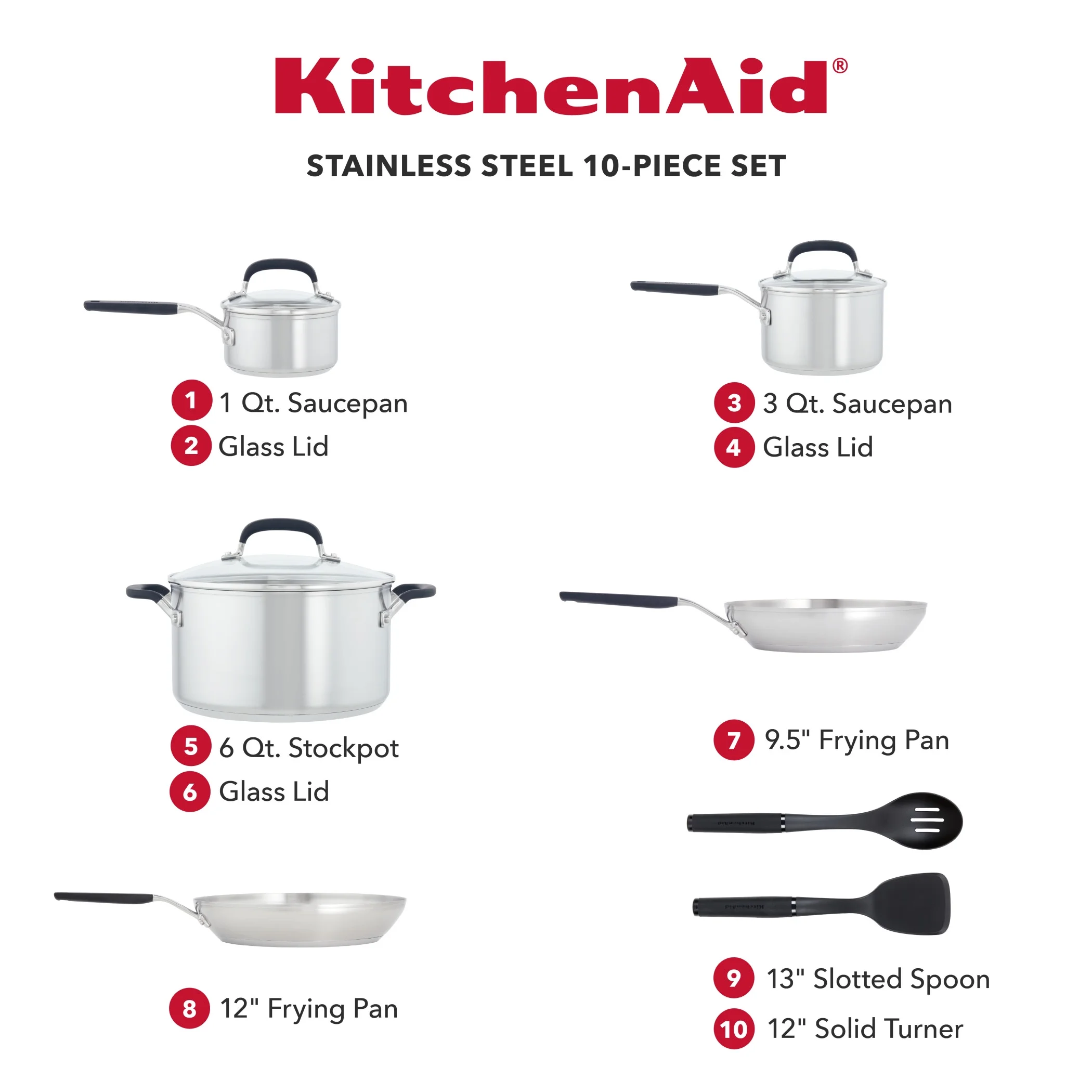 KitchenAid Stainless Steel 10 Piece Pots and Pans Set, Brushed Stainless Steel