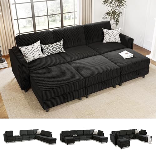 KKL Modular Sectional Sofa Bed with Storage Ottoman, Convertible L/U-Shaped Sleeper Couch for Living Room, Modern Reversible Design, Beige