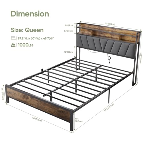 Full Bed Frames, Metal Bed Frames with Charging Station, LED Lights Bed Frames with Upholstered Storage Headboard, Sturdy and Noise-free