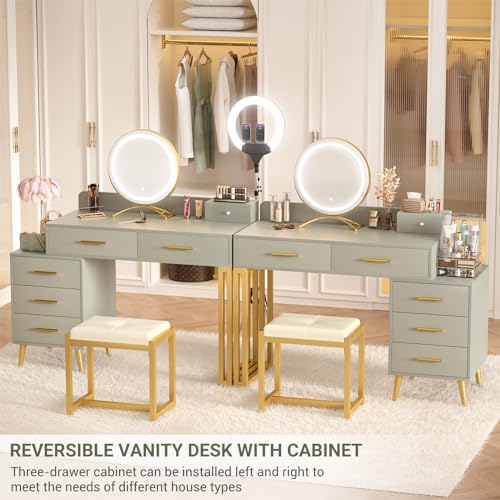 White Vanity Desk with Mirror and Lights, Modern Makeup Vanity Table Set with 6 Storage Drawers and Cushioned Stool for Bedroom