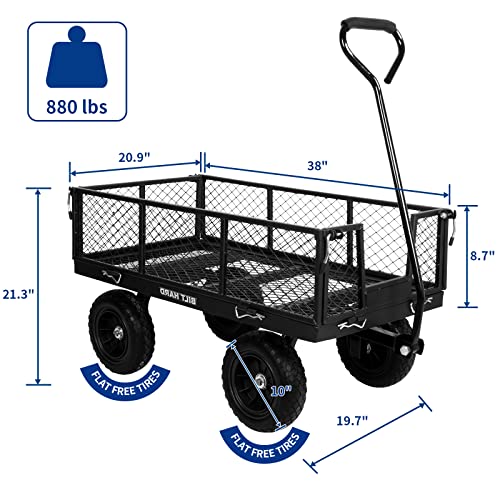 BILT HARD 880 lbs 10" Flat Free Tires Steel Garden Cart with 180° Rotating Handle and Removable Sides