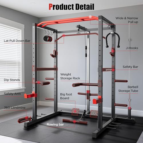 Sportsroyals Power Cage,1600lbs Multi-Function Power Rack with Adjustable Cable Crossover System and More Training Attachment