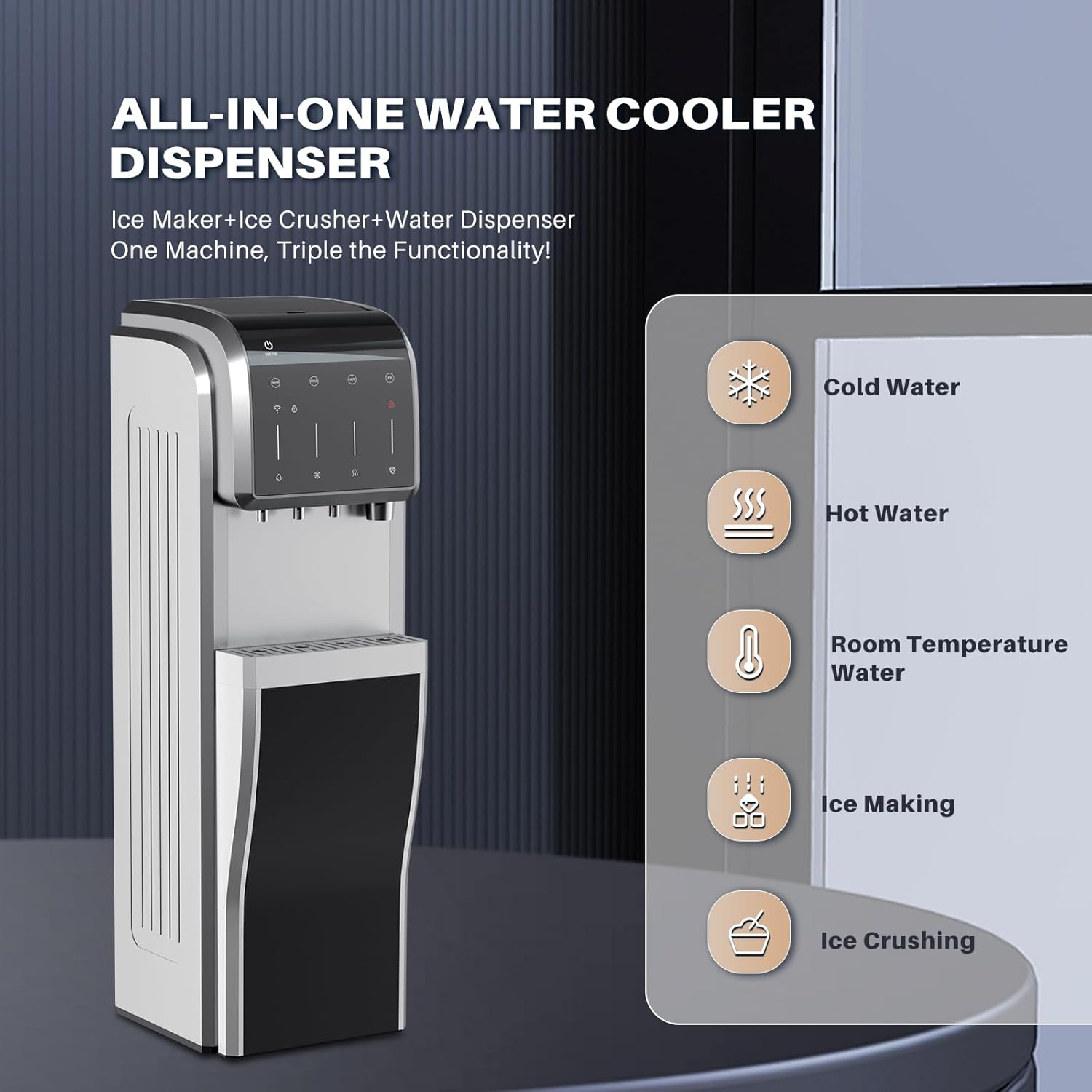 ICEPURE Water Dispenser with Ice Maker, 5-in-1 Water Cooler 5 Gallon Built-in Ice Maker Crushed Ice, Hot and Cold Water Dispenser Bottom Load