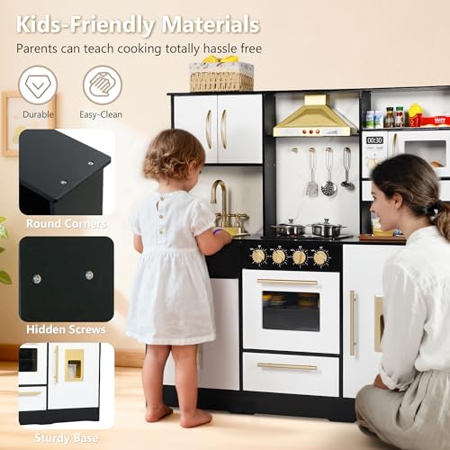 Kinder King Wooden Kids Play Kitchen, Toy Kitchen Playset for Toddler, Play Kitchen Set w/Real Sounds, Pretend Coffee Machine, Kitchen Hood, Sink