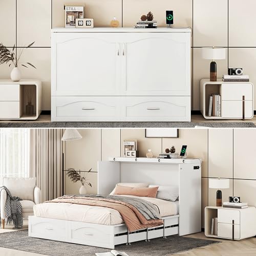 Queen Size Murphy Wall Bed with Storage, Bookcase Headboard, Solid Wood Cabinets, Shelves, Drawers and USB Ports