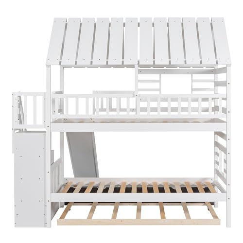 Kids Twin Over Twin Bunk Beds with Slide and Trundle, Solid Wood Bunk Bed Frame with Stairs and Storage