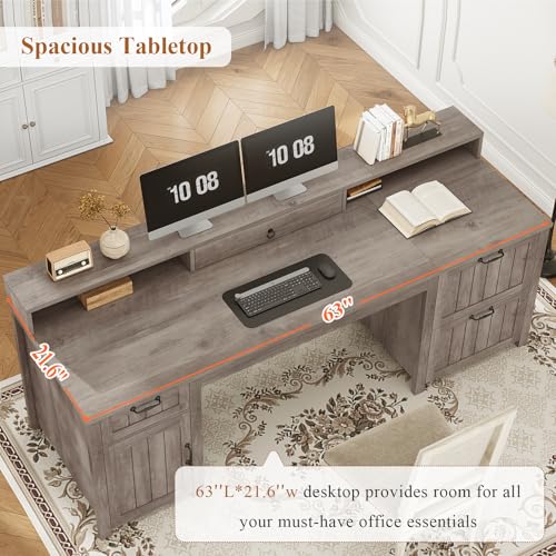 SEDETA Farmhouse 63" Executive Desk, Home Office Desk with File Drawer and Monitor Stand, Computer Desk with Drawers and Storage Cabinet