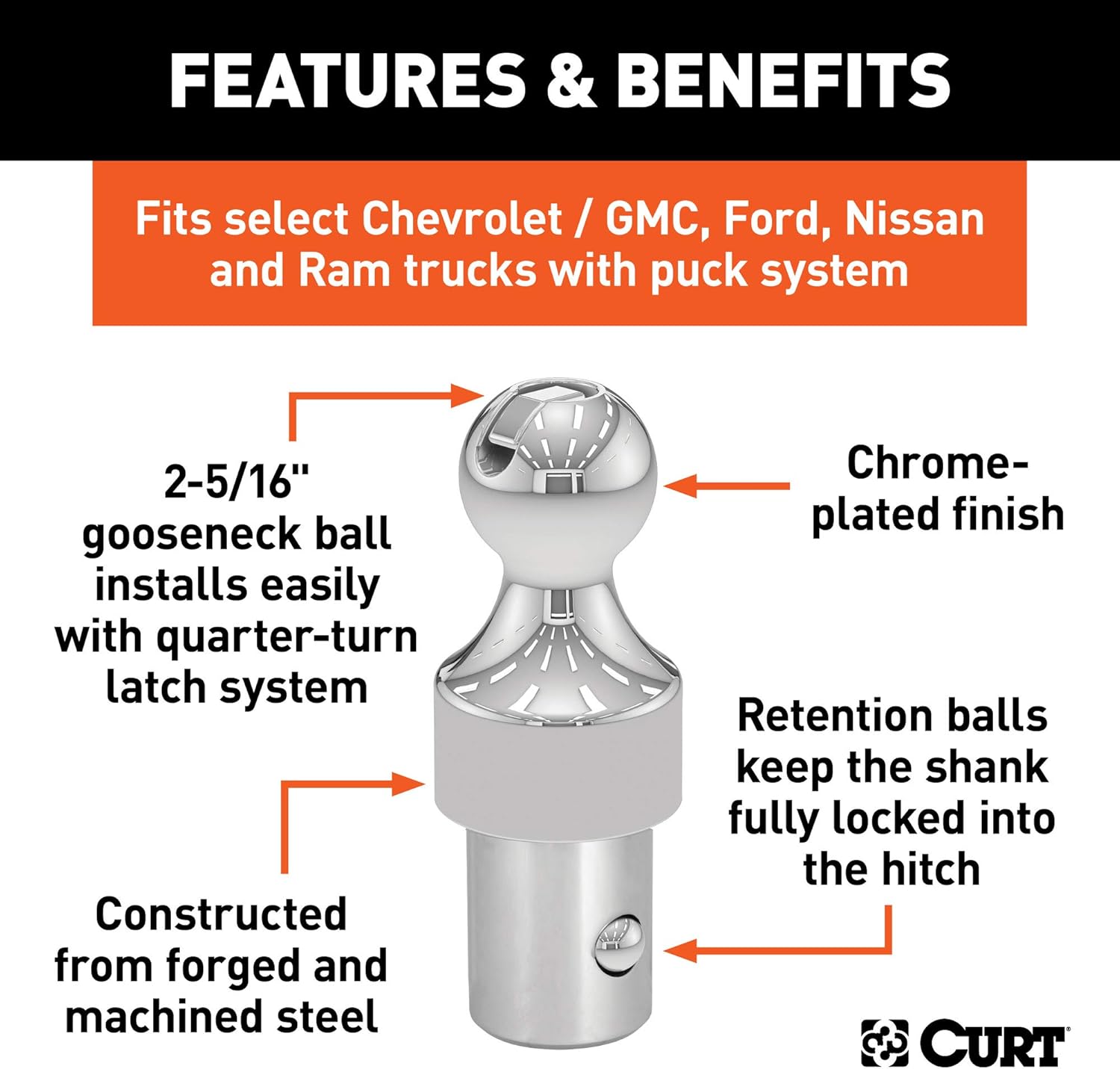 CURT 60629 30K Factory Style 2-5/16-Inch Gooseneck Ball, Fits Select Chevrolet Ford, GMC, Nissan Titan XD, Ram, Puck System Required