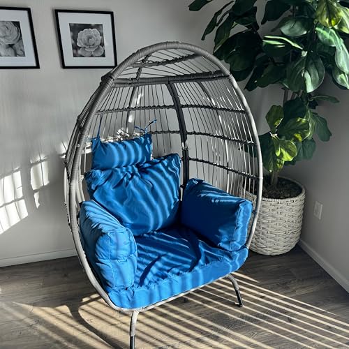 DWVO Rattan Egg Chair with Ottoman, Indoor Outdoor Egg Shape Wicker Chair for Patio, Backyard, Living Room, Basket Chair w/Footrest, 5 Cushions