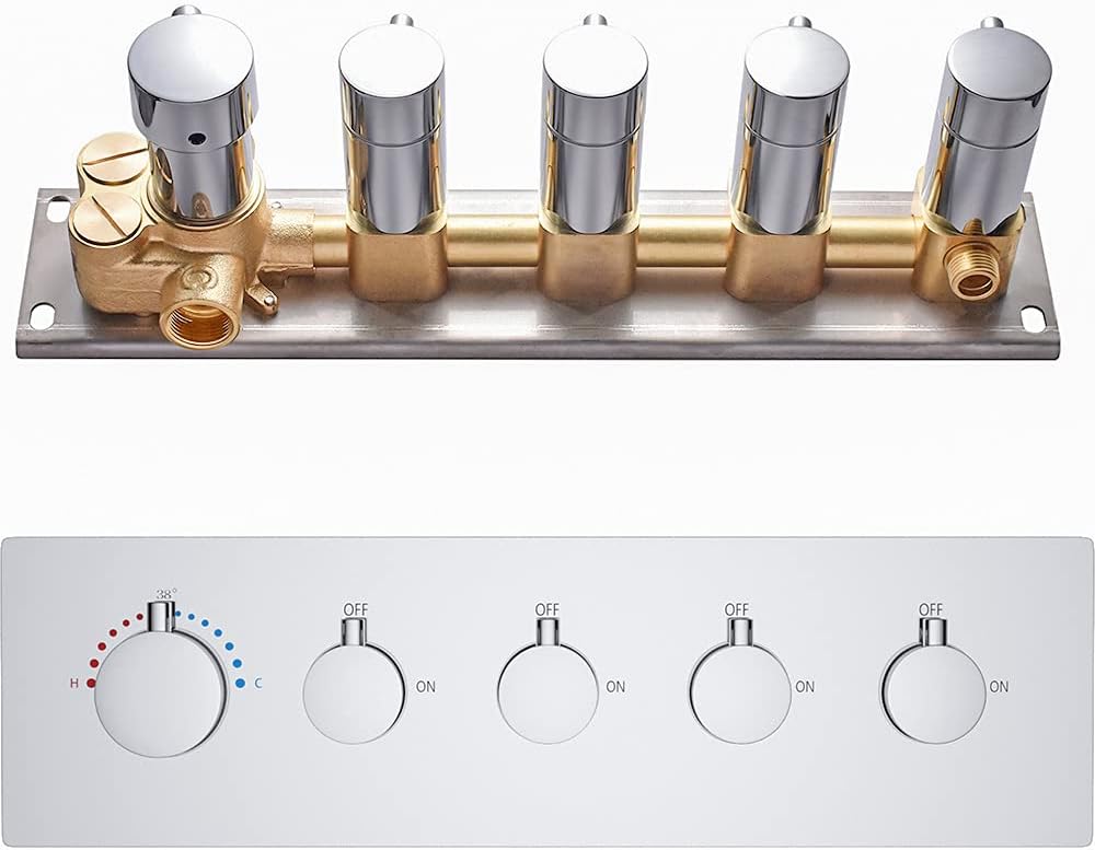 AYIVG Solid Brass Concealed 4-Outlet Thermostatic Valve Pressure Balanced Mixer Valve with Black Trim for Bathoom Shower System ( Can Simultaneous