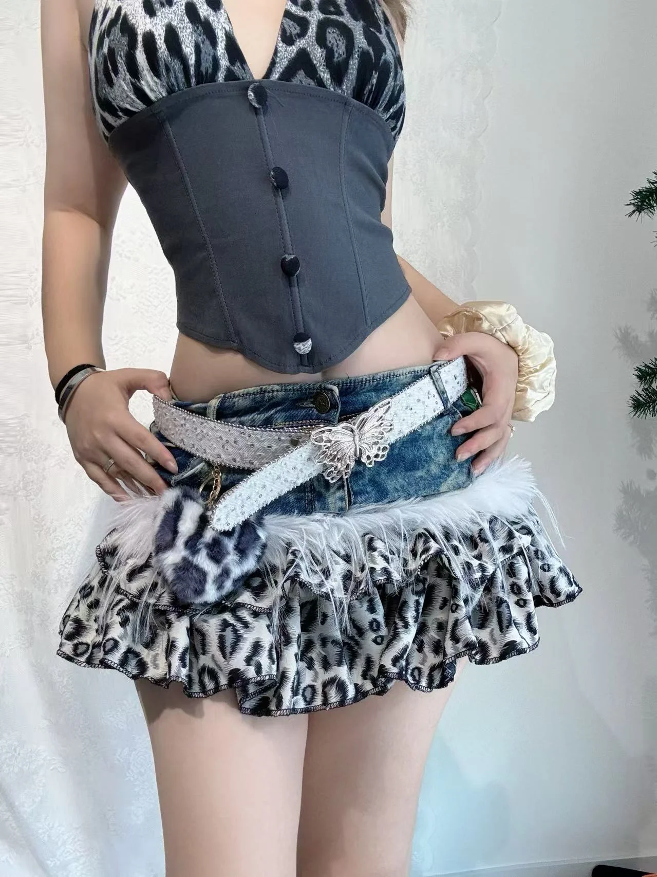 'Leopard Bite' Patchwork Denim Mini Skirt