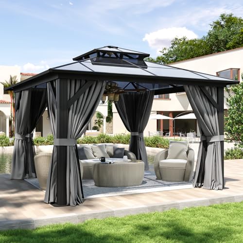 Aoxun 12'x10' Hardtop Gazebo, Aluminum Frame Permanent Pavilion with Curtains and Netting, Outdoor Polycarbonate Double Roof Canopy