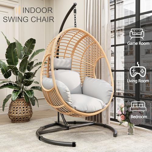 Oversized Hanging Egg Chair Outdoor Indoor, Wicker Swing Egg Chair with Stand 400lbs Capacity for Bedroom, Patio, Garden and Balcony (Beige-nest