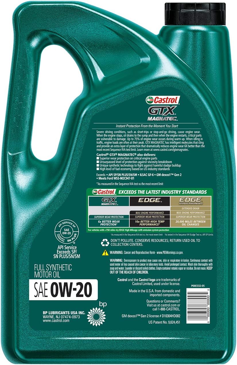 Castrol 03060 GTX MAGNATEC 0W-20 Full Synthetic Motor Oil, Green, 5 Quart Pack of 2