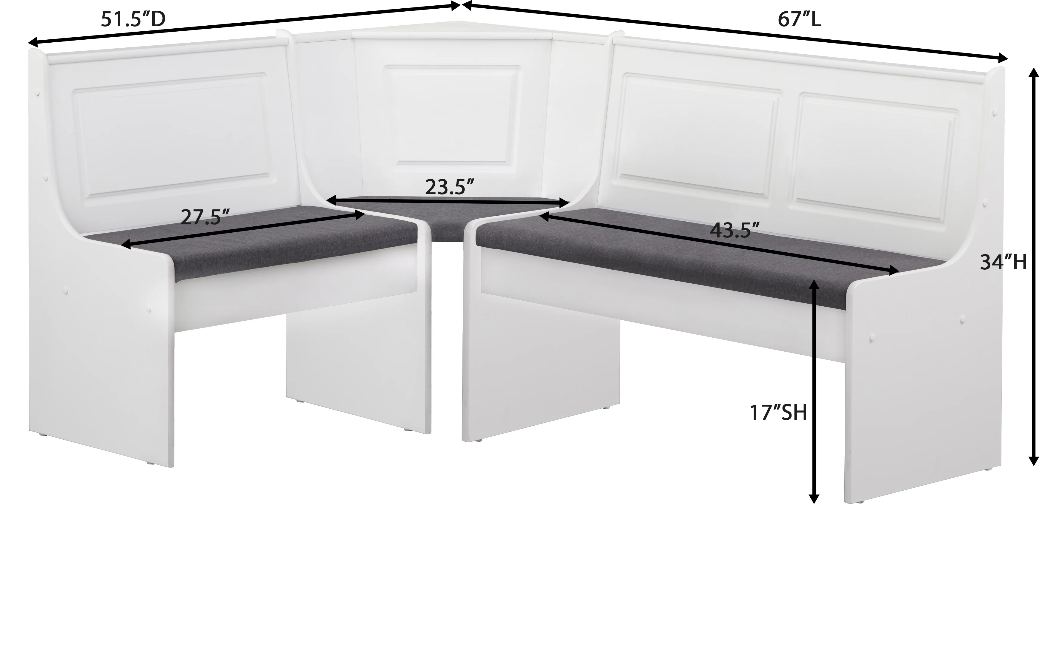 TMS Polly 3-Piece Upholstered Dining Nook Set, White Finish with Gray Upholstered Seat Cushions - Radiant Selections
