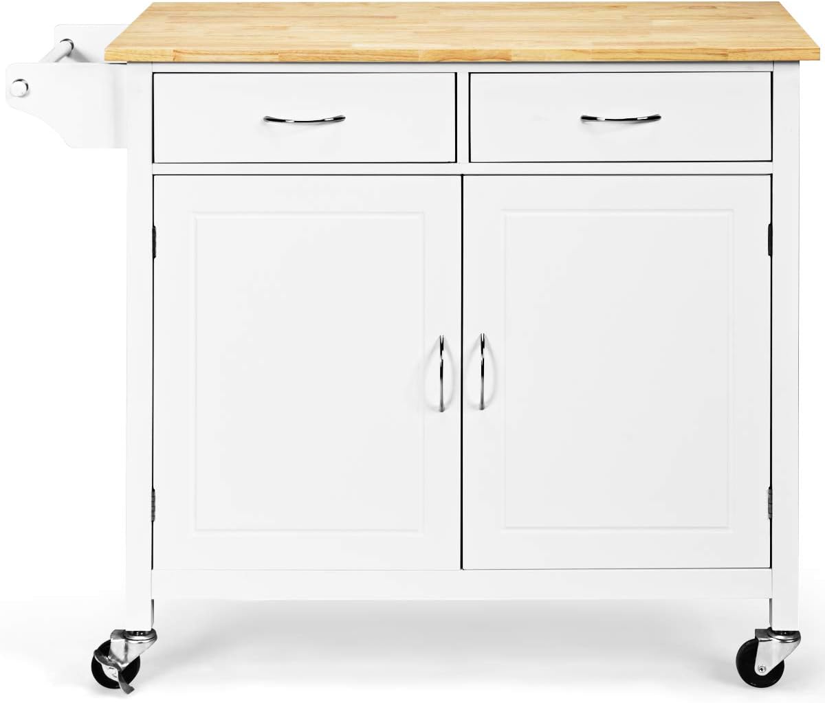 WATERJOY Rolling Kitchen Buffet Cart, Wood Utility Kitchen Storage Island Cart with Wood Top, Antique White(43 x 19.5 x 35.5)
