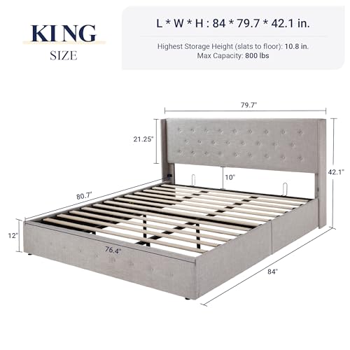 Allewie Full Size Lift Up Storage Bed, Modern Wingback Headboard, Hydraulic Support, No Box Spring Needed, Light Beige